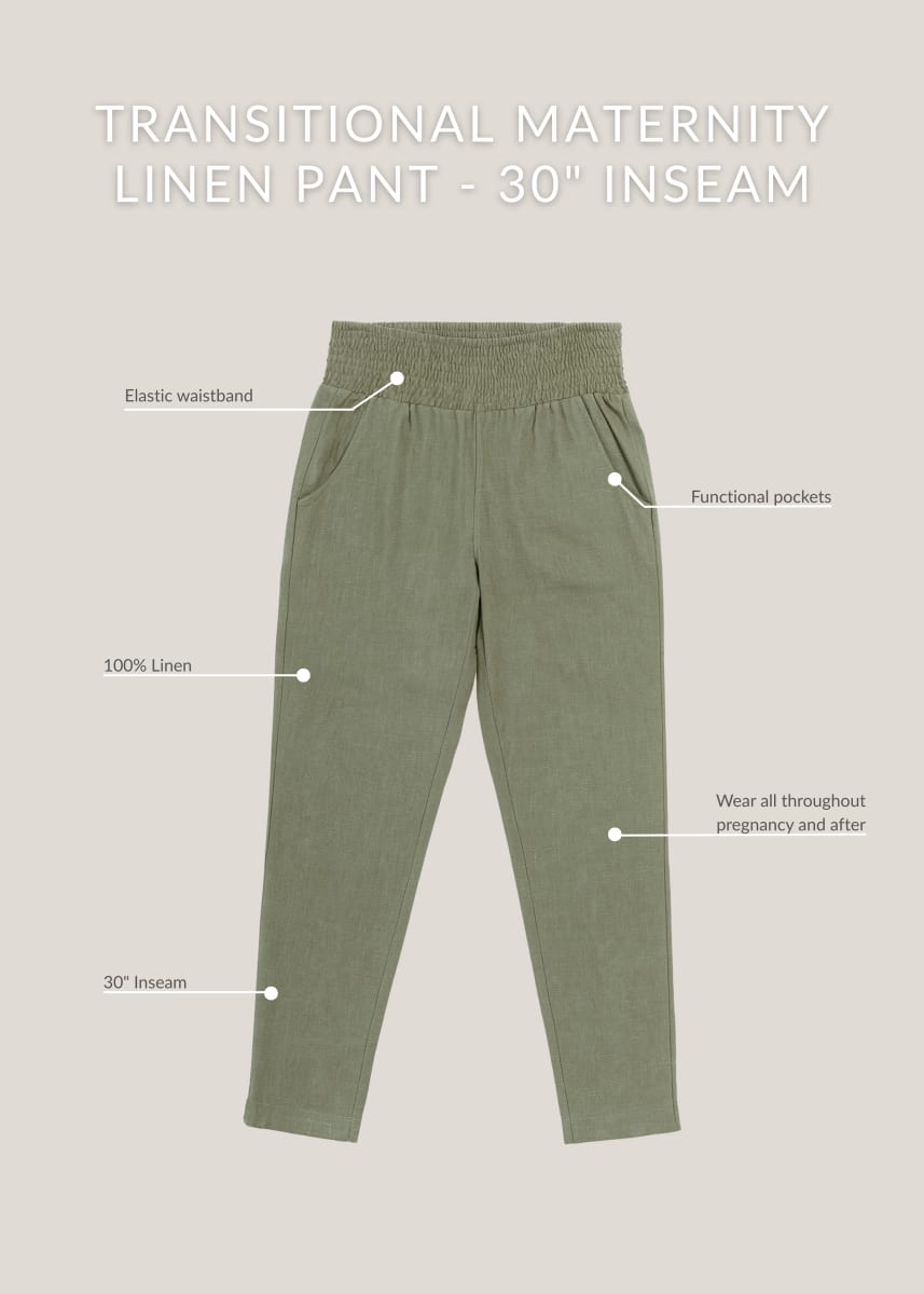 Transitional Maternity Linen Pant - Extended Inseam - Olive