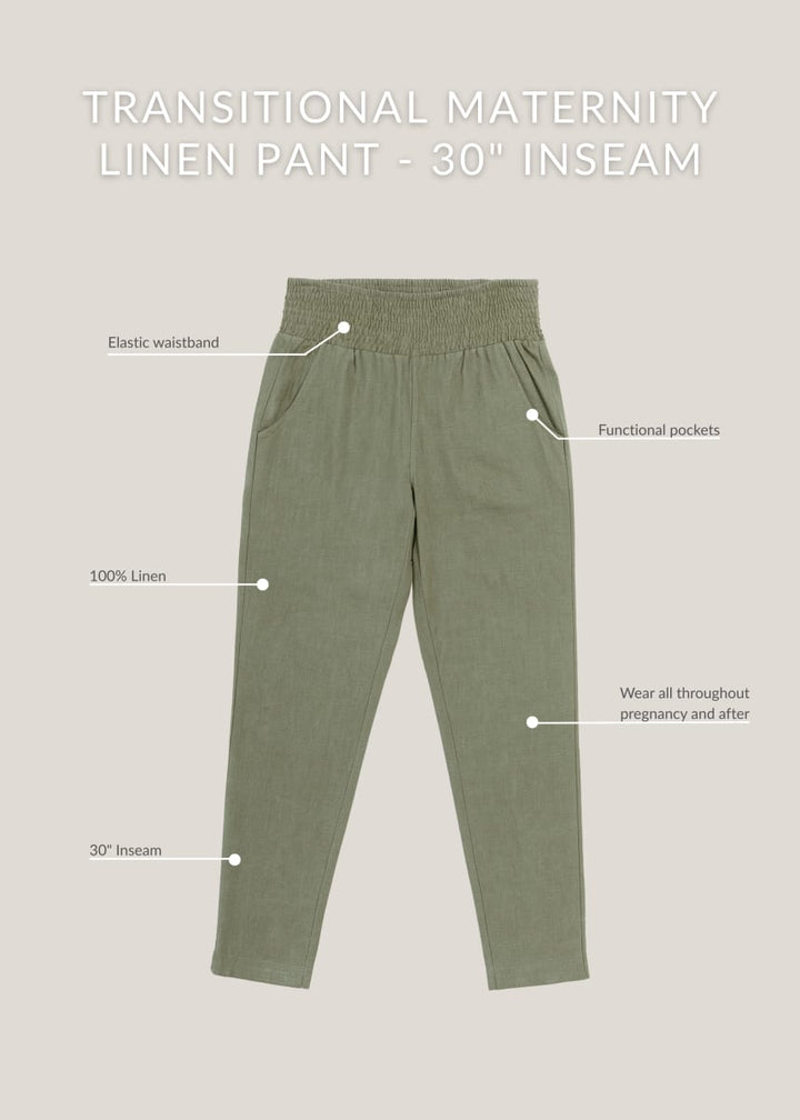 Transitional Maternity Linen Pant - Extended Inseam - Olive