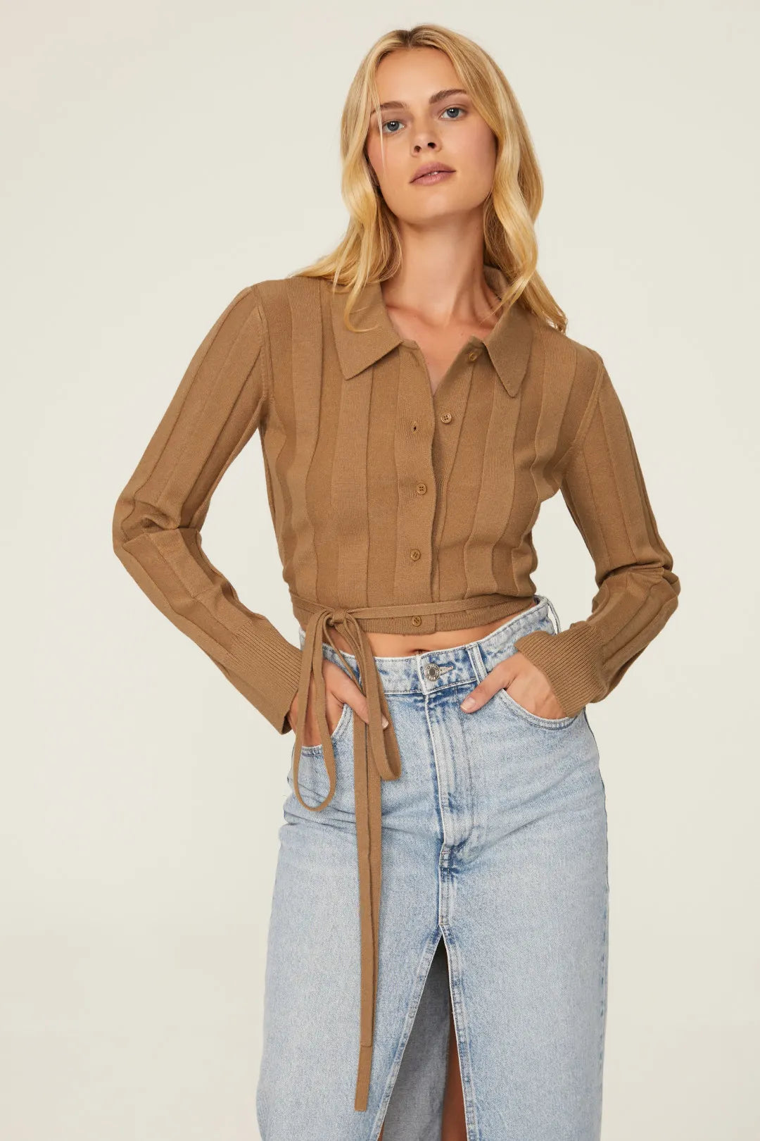 Waist Tie Button Up Sweater - Tan
