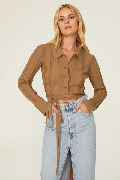 Waist Tie Button Up Sweater - Tan