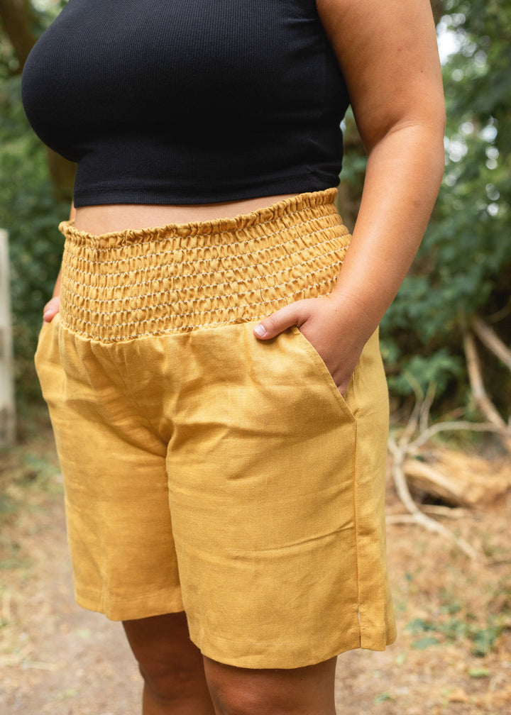 Adult Smocked Linen Transitional Shorts - Gold