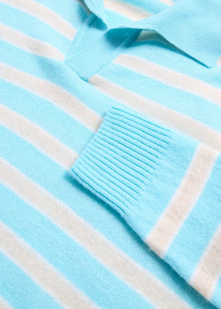 100% Cash Stripe Johnny Collar Pullover - Blue