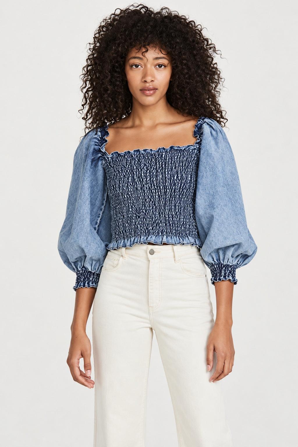 Smocked Long Sleeve Top - Blue