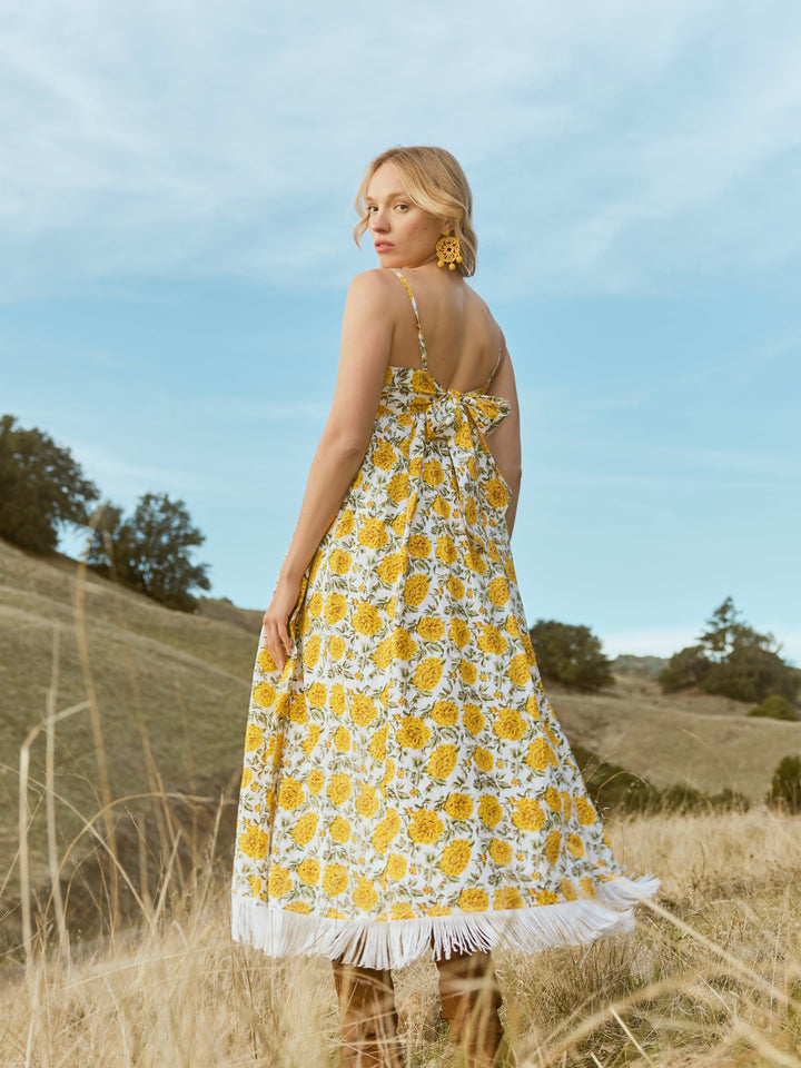 Gavin Fringe Midi Dress - Cream/Canary Floral print