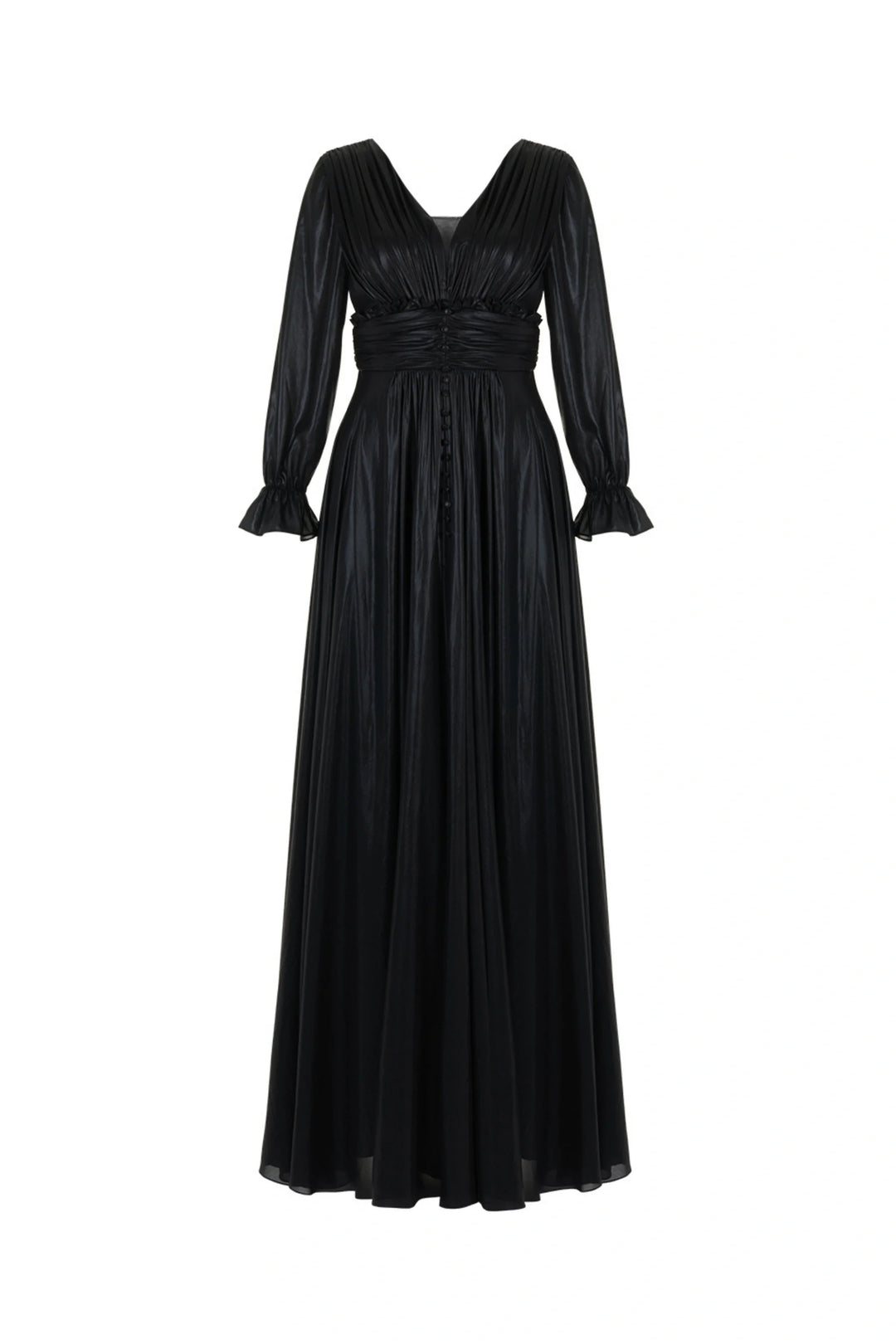 V-Neck Ruched Long Dress - Black