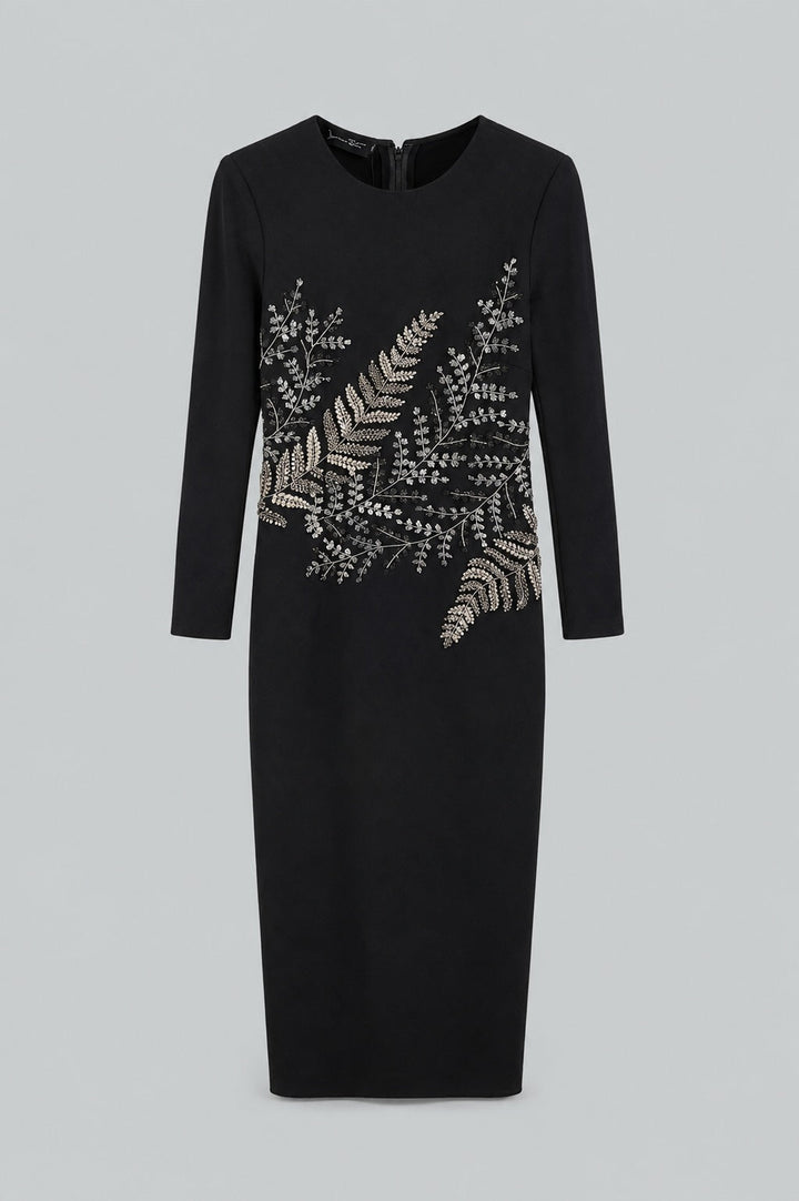 Fern Embroidered Long Sleeve Gown - Black