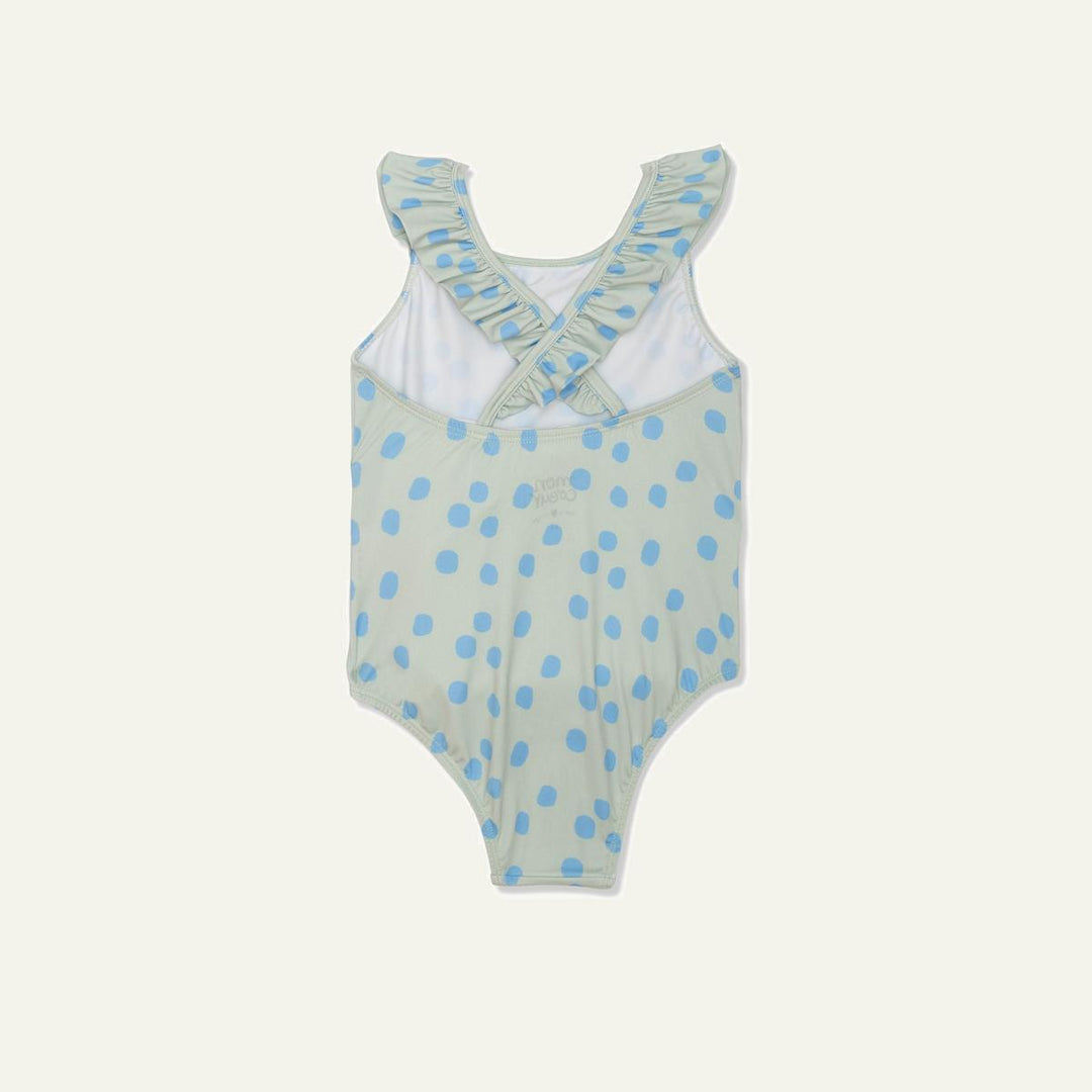 Recycled Polyester Sea Foam Dotted Ruffle Kid Swimsuit - Sea Foam/della Blue