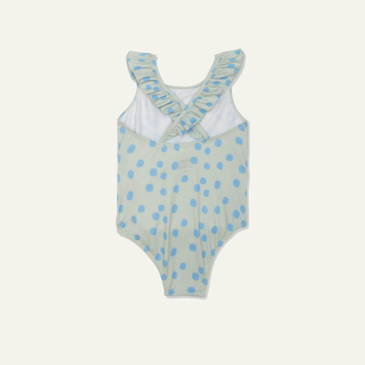 Recycled Polyester Sea Foam Dotted Ruffle Kid Swimsuit - Sea Foam/della Blue