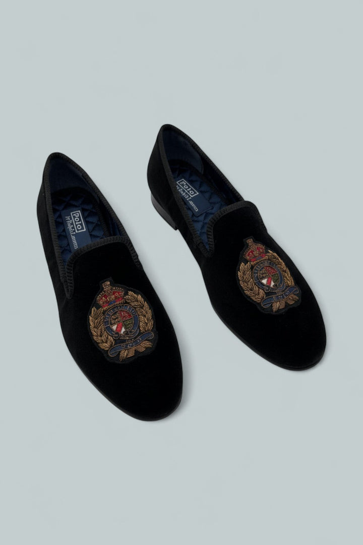 Men's Paxton Crest Velvet Slipper - Black/Embroidery