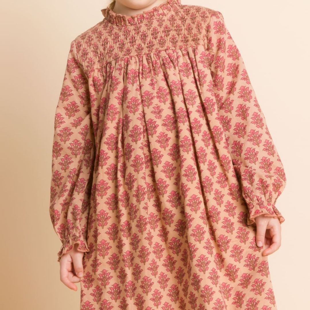 Girls' Smocked Long Sleeves Dress - Vintage Pink