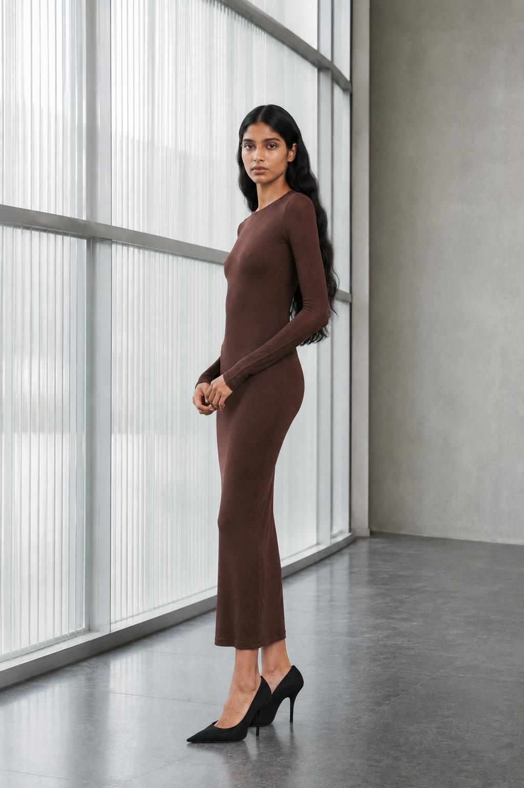 Sheer Dress Midi - Dark Brown