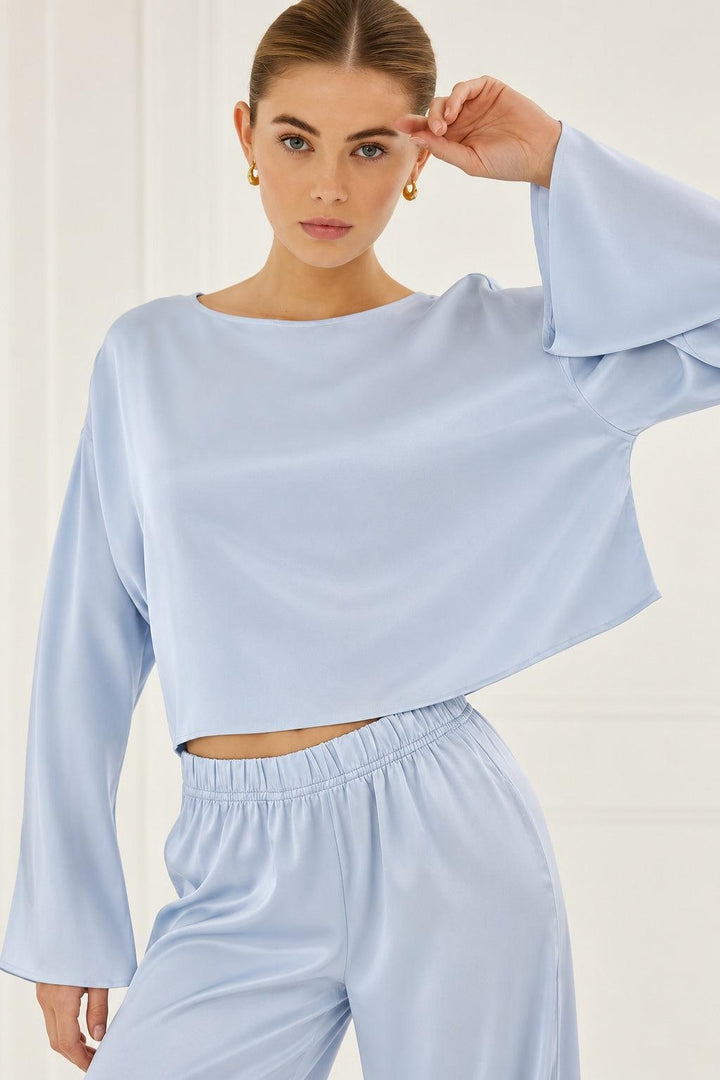 Silky Long Sleeve Cropped Top - Light Blue
