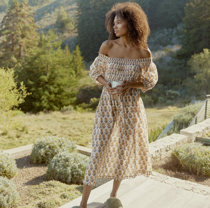 Rosie Midi Dress Nightgown - Ochre/Dahlia