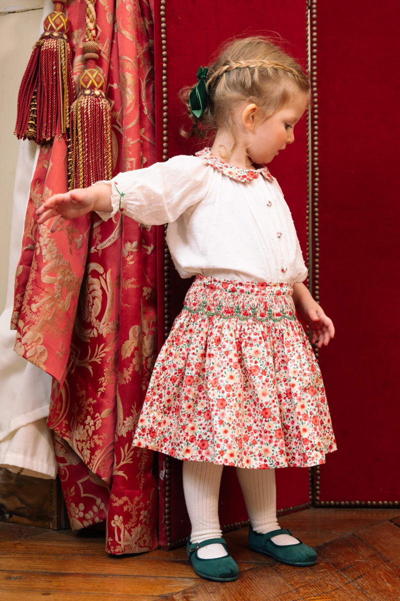 Marie Smocked Skirt And Blouse Set - Red/Floral/White