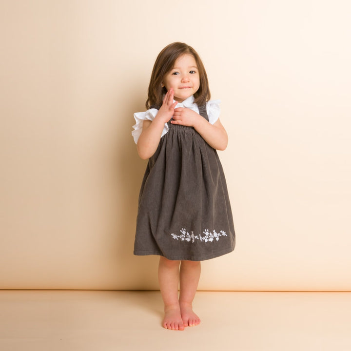 Toddler Pinafore Corduroy Dress With Embroidery - Gray & White