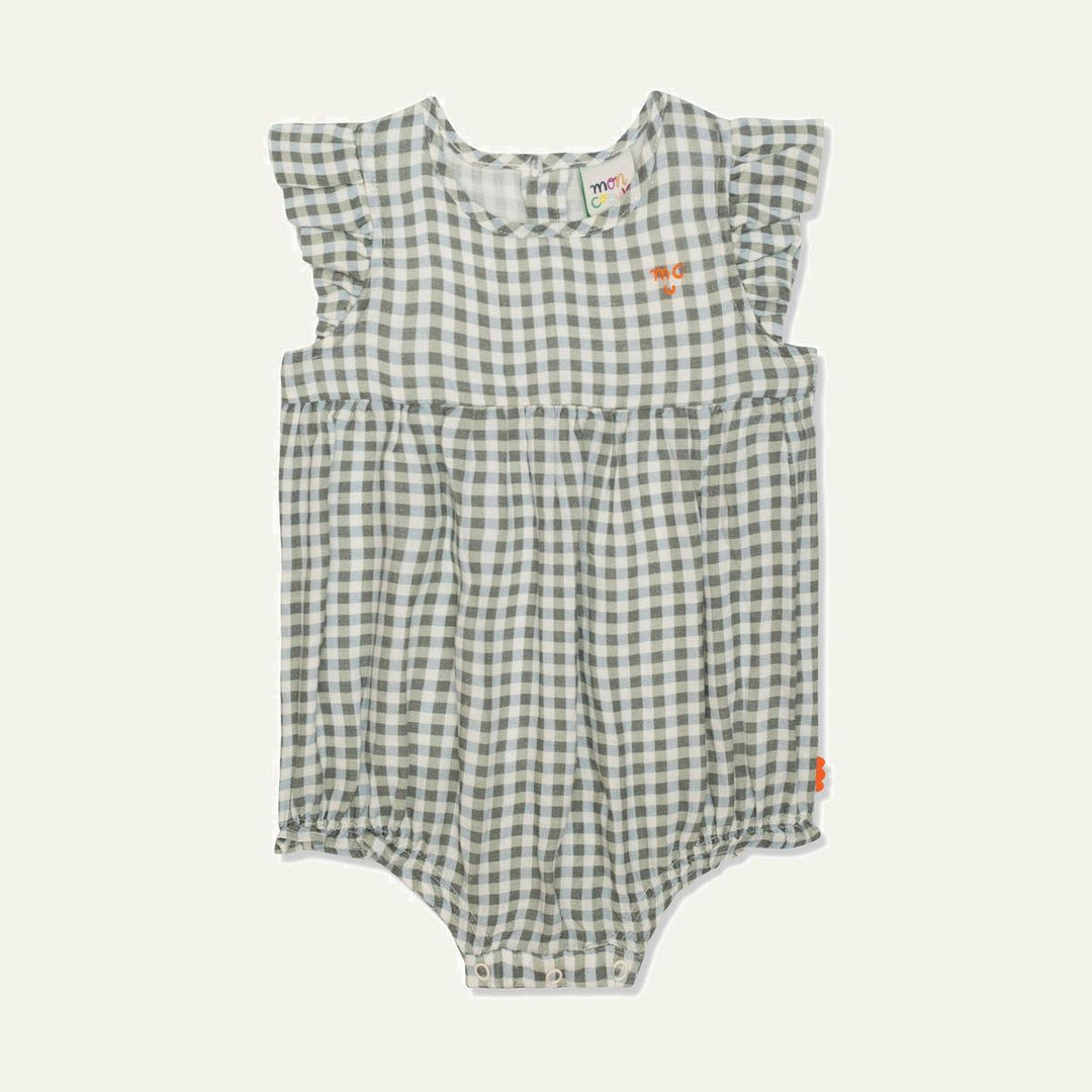Gingham Linen Baby Girl Romper - Natural/faded Denim