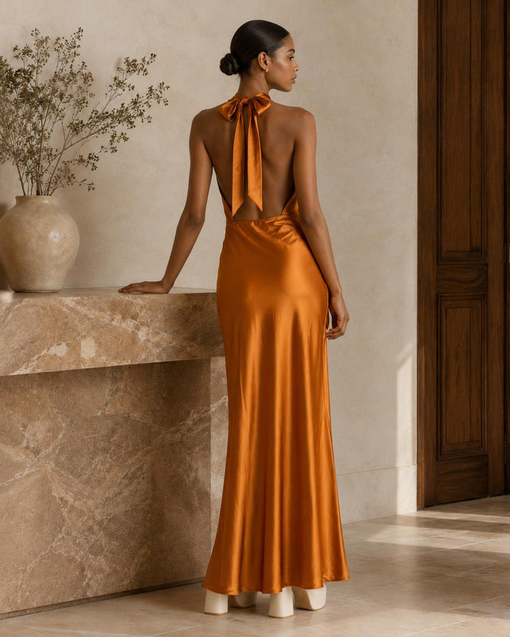 Silky Halter Cutout Gown - Burnt Orange