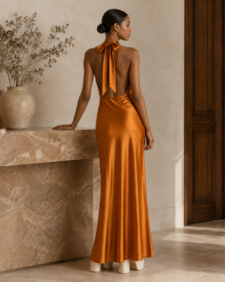 Silky Halter Cutout Gown - Burnt Orange