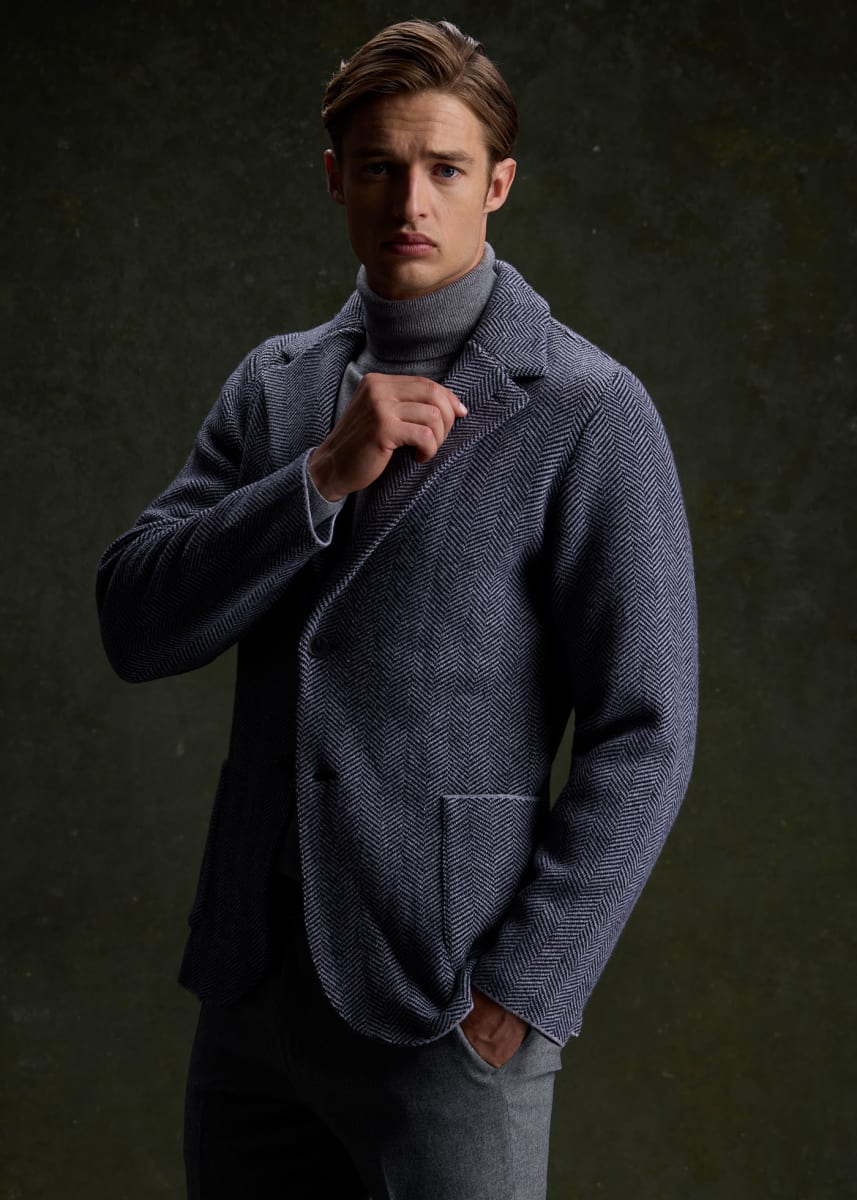 Knitted Bone Wool & Cashmere Jacket - Navy/Grey