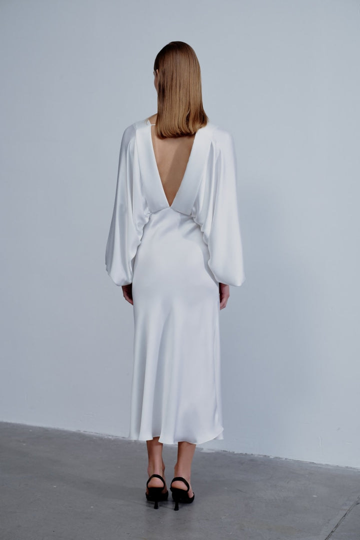 Mila V Neck Satin Dress - Blanche