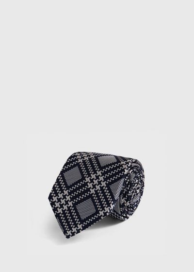 Woven Silk Optical Plaid Motif Tie - Black