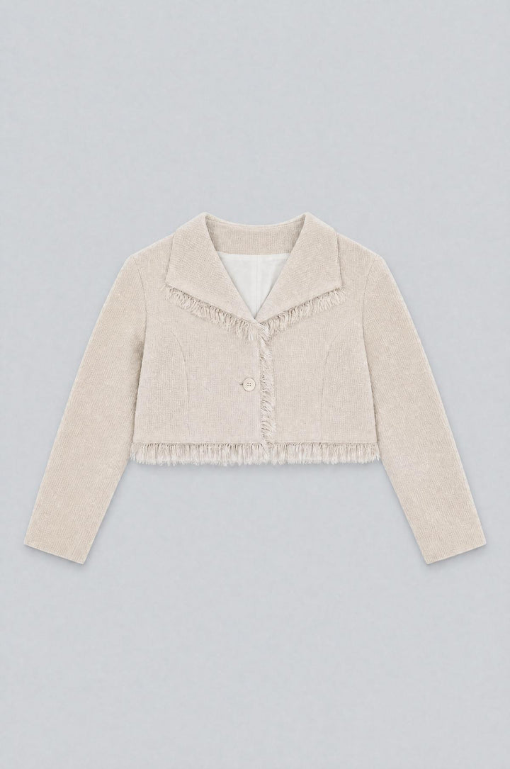 Cropped Tweed Frayed Hem Blazer - Ivory