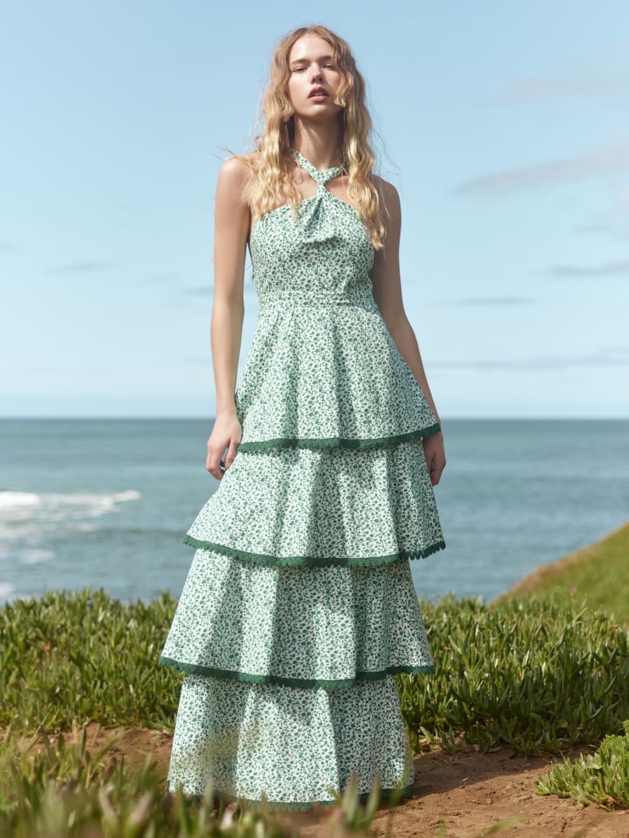 Emma Tiered Dress - Ivory/Grassy Knoll Ditsy Floral