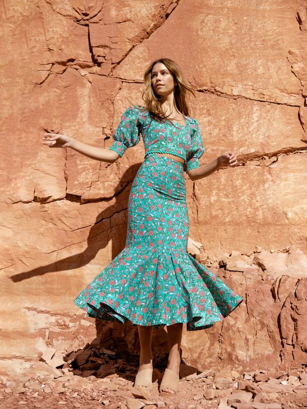 Patsy Fluted Pencil Skirt - Teal & Cerise Floral Print