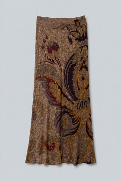 Ribbed Wool Midi Trumpet Knit Skirt - Brown Multi