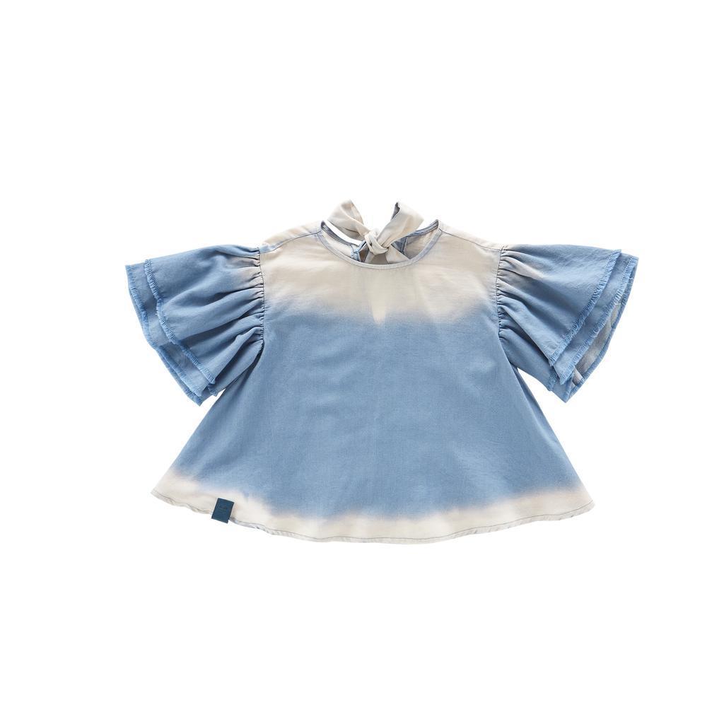Girls Distressed Chambray Flared Top - Light Blue