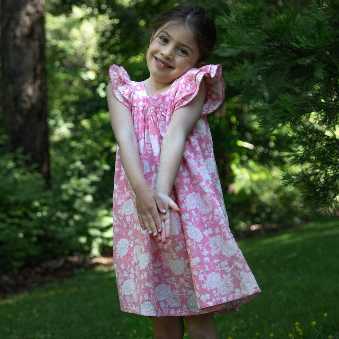 Girls' Square Neck Flutter Sleeves Dress - Pink Floral