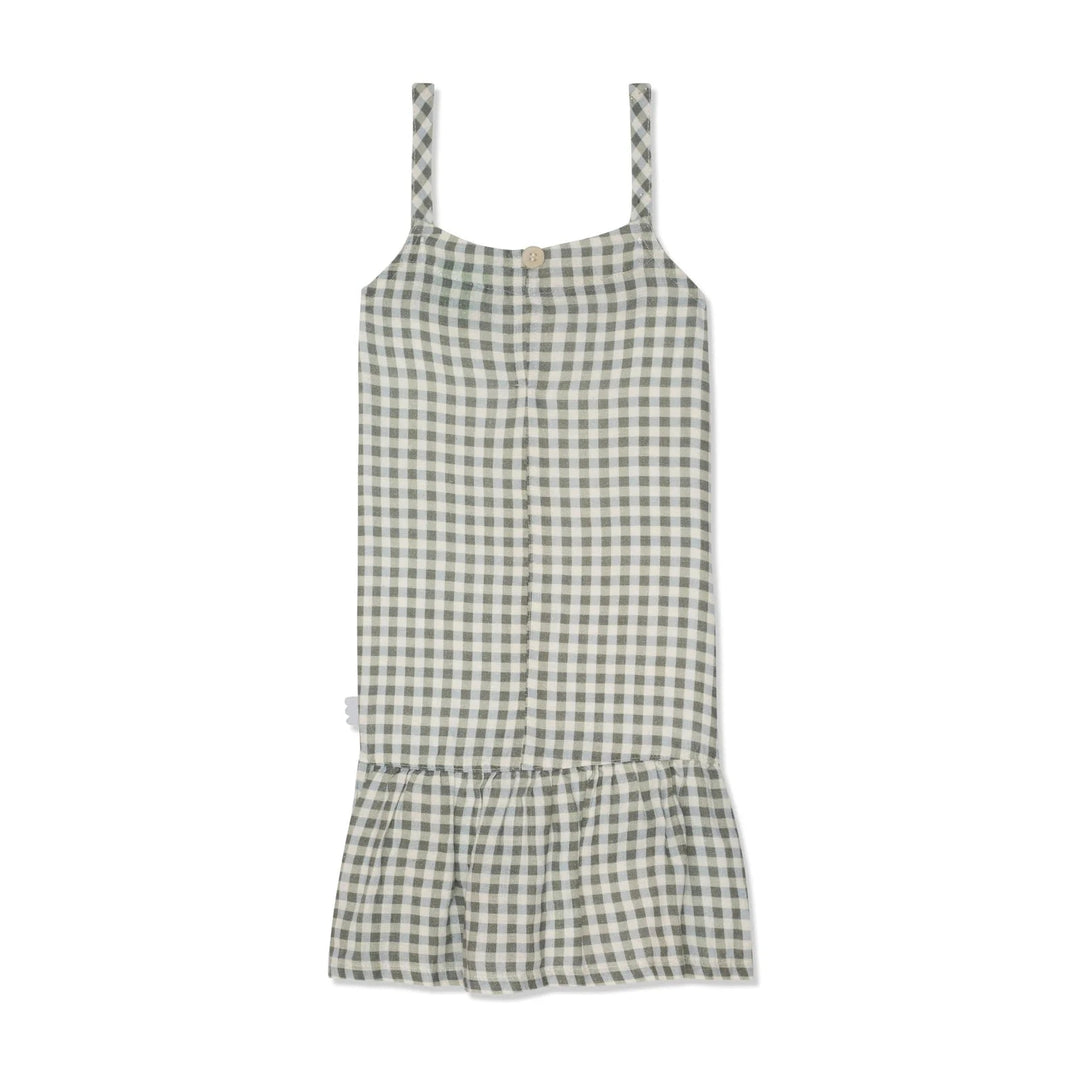 Kids Blue Gingham Linen Kid Dress - Natural/Faded Denim