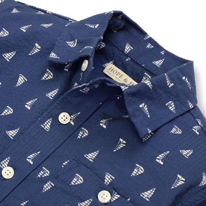 Baby Seersucker Short Sleeve Button Down Shirt - Blue Sailboats Seersucker