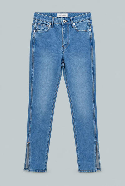 Denim Pants With Slit - Medium Blue