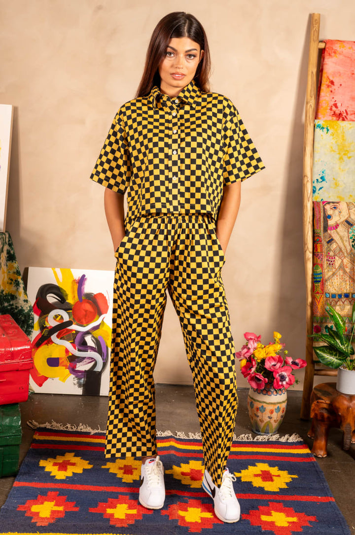 Hand Printed 'Seema' Pants - Black And Yellow Checkers
