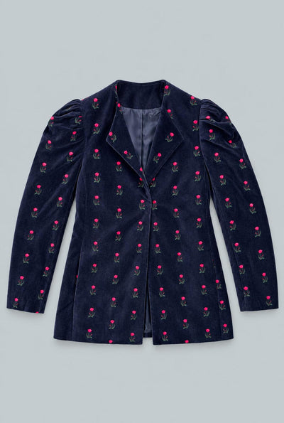 Velvet Puff Shoulder Blazer - Navy