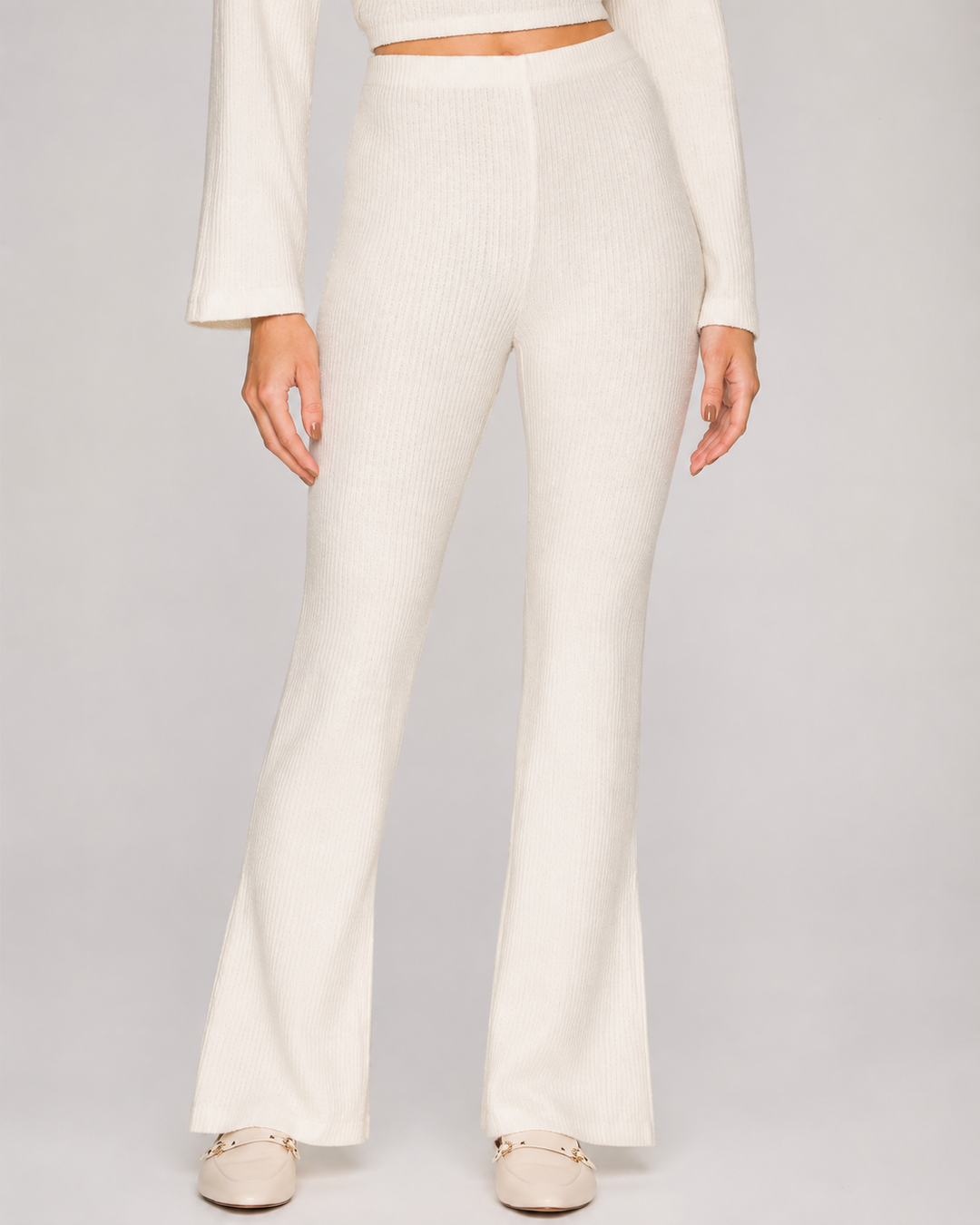 Ribbed Textured Flare Pants With Slits - Ivory