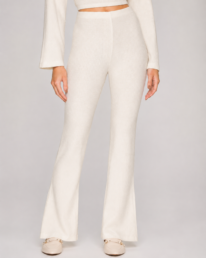 Ribbed Textured Flare Pants With Slits - Ivory