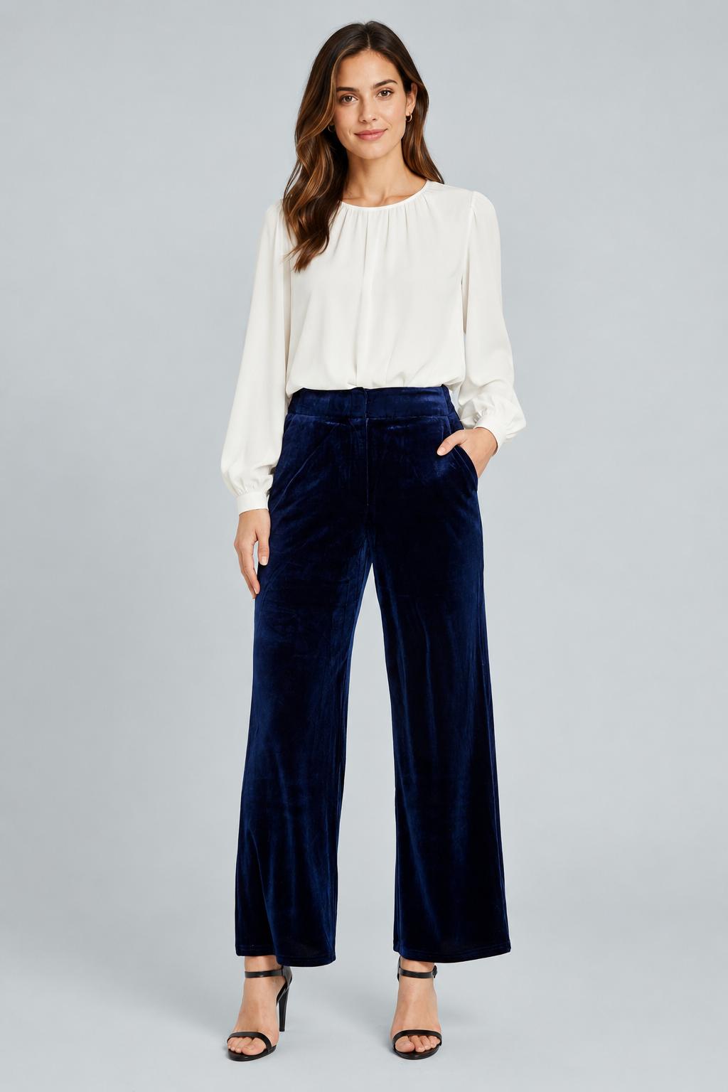 Alice Velvet Straight-Leg Trousers - Navy