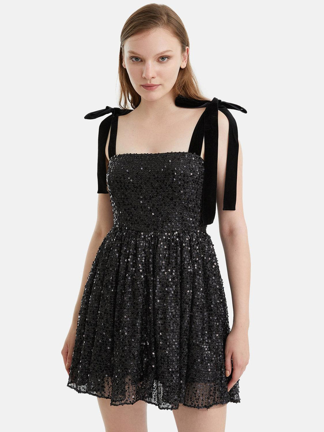 Sequined Flowy Mini Dress - Black