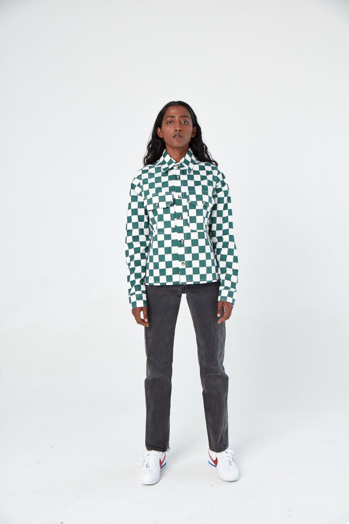 Hand Printed 'The Sophia' Over-Shirt - Green Chessboard Twill