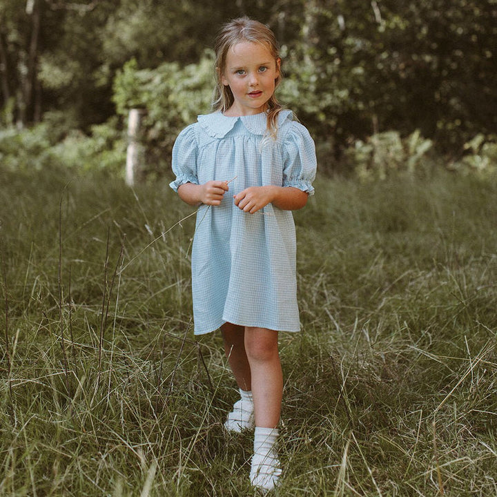 Kids Marbles Dress - Baby Blue And Milk Mini Check Linen