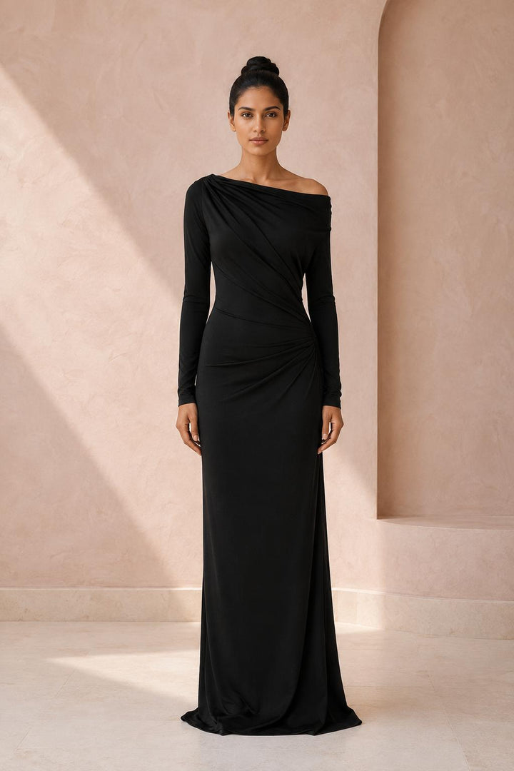Off-Shoulder Draped Satin Gown - Black