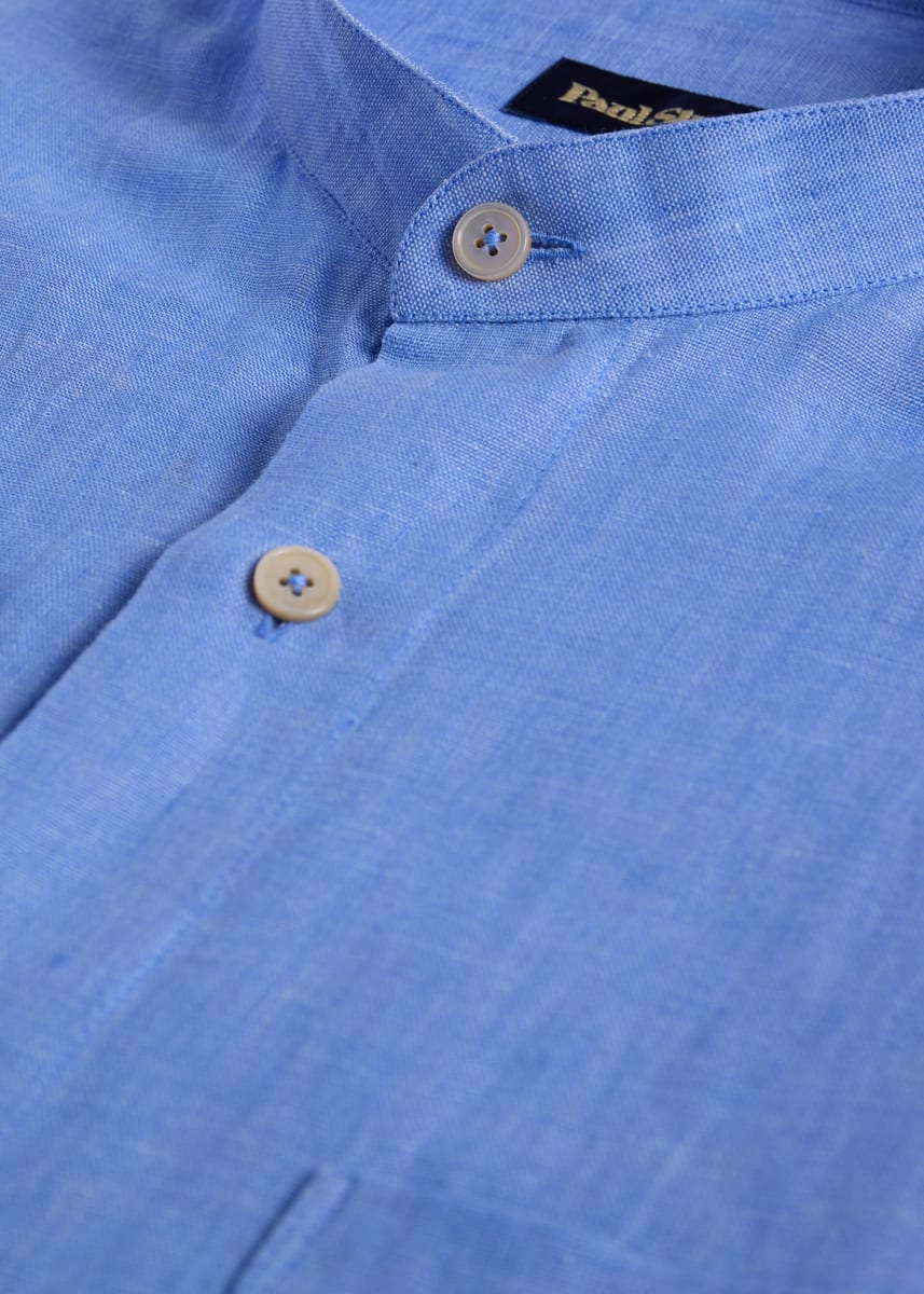 Washed Linen Stand Collar Shirt - Blue