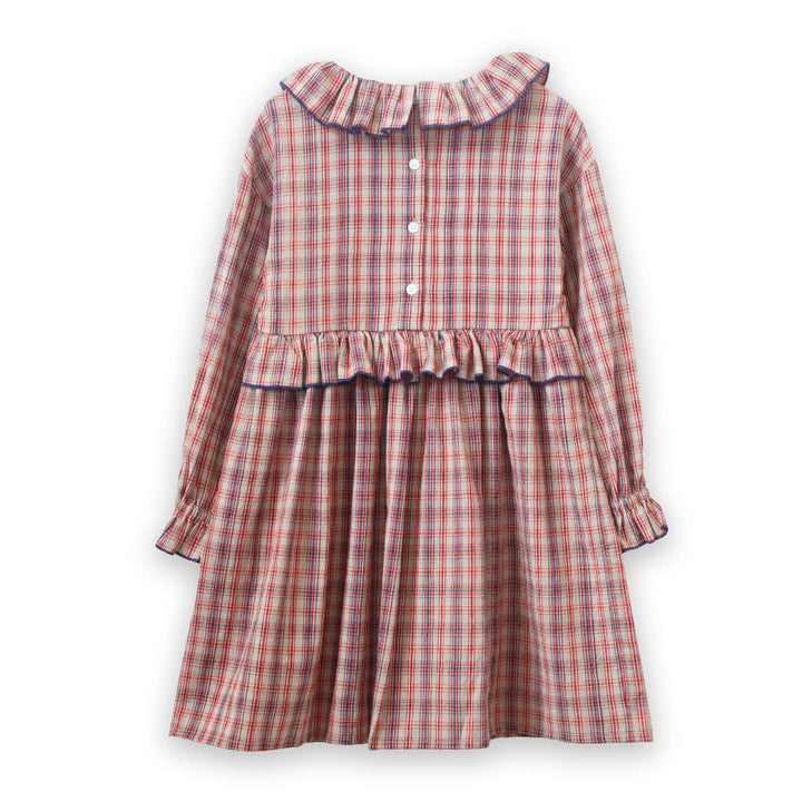 Girls' Ruffle Collar Long Sleeve Dress - Red And Blue Check