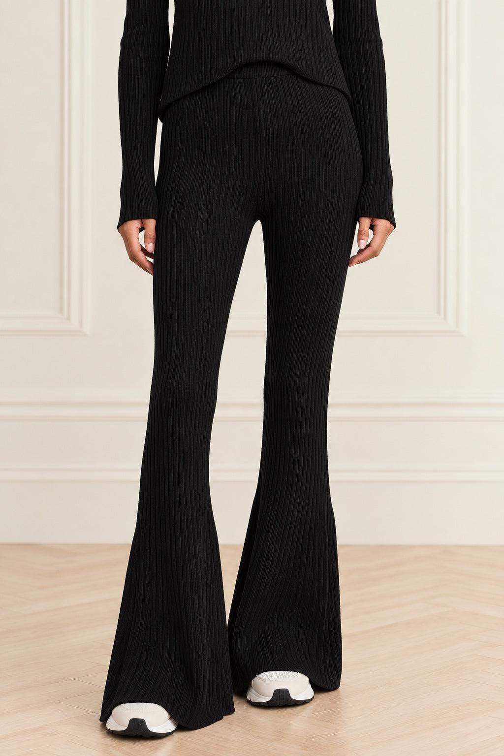 Ribbed Knitted Flare Pants - Black