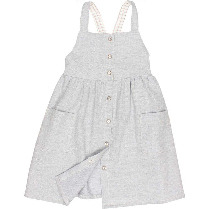 Button Front X-Back Linen Twill Dungaree Dress with Pockets - Jeans Denim Dresses + Skirts Buho 