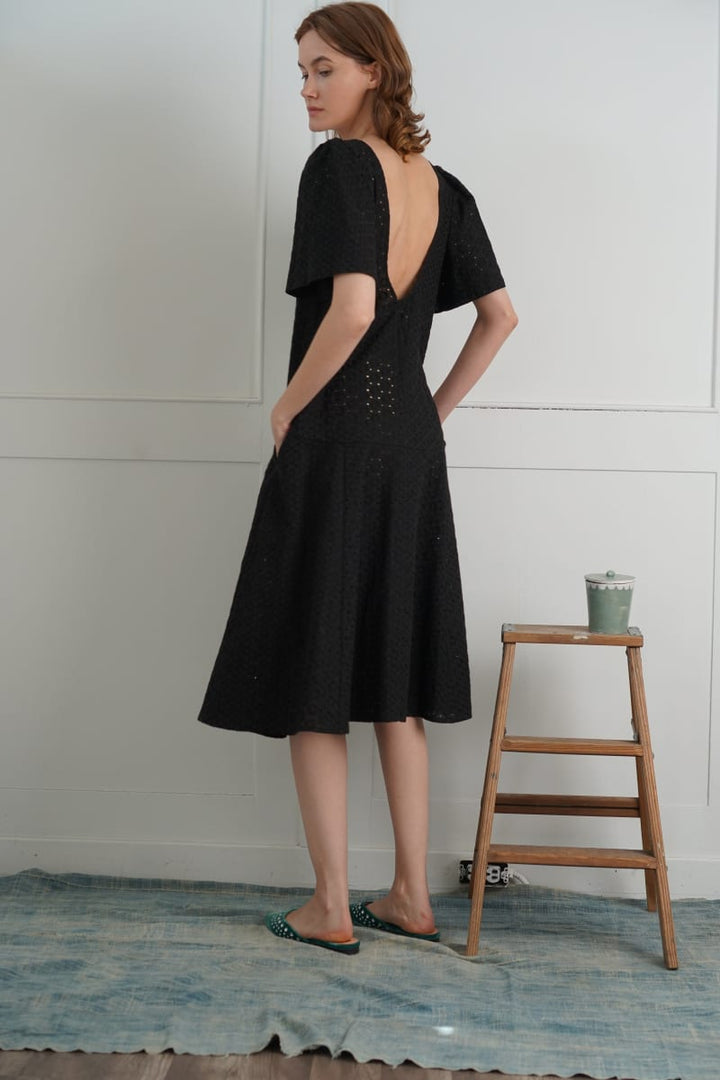 Embroidered Cotton Chloe Dress - Black