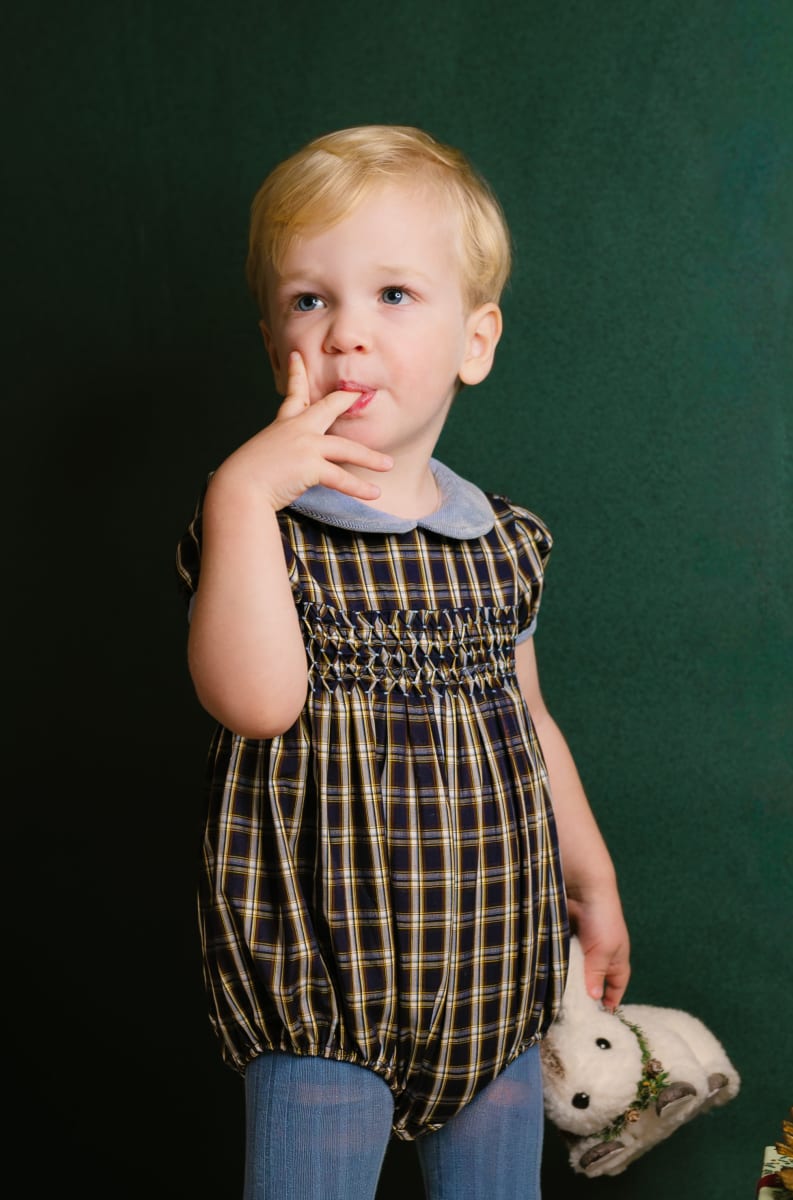 Angelica Navy Tartan Short Sleeve Smocked Bubble - Checkered/Plaid/Blue