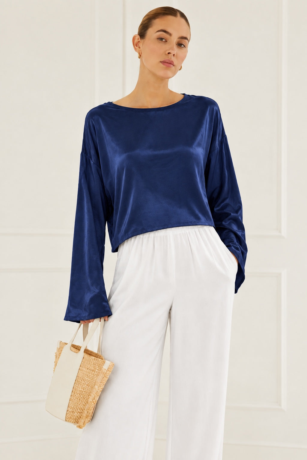 Silky Long Sleeve Cropped Top - Navy